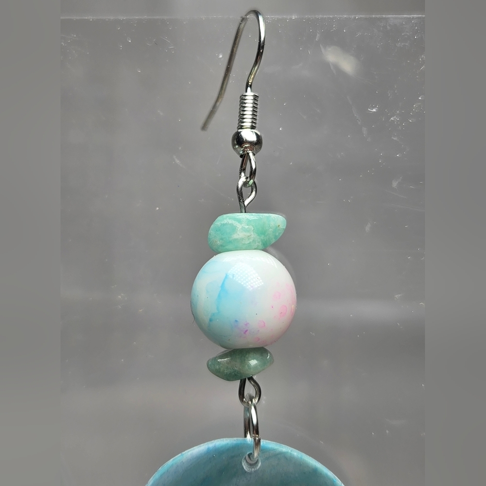 #B300- Ocean Blue Swirl Earrings With Amazonite Beads - Picture 3 of 5